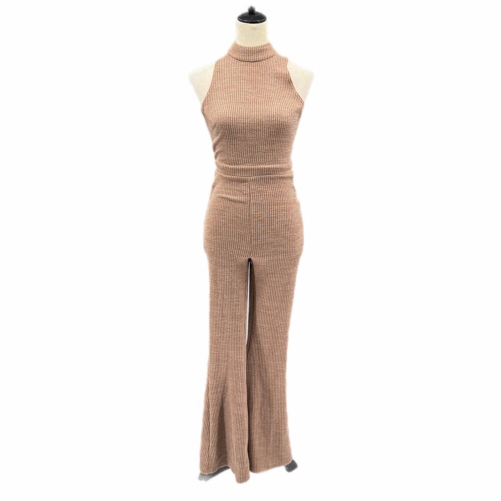 Lavish Lounge Alice x Patricia Bright NEW Tan Ribbed Knit Flare Halter Jumpsuit